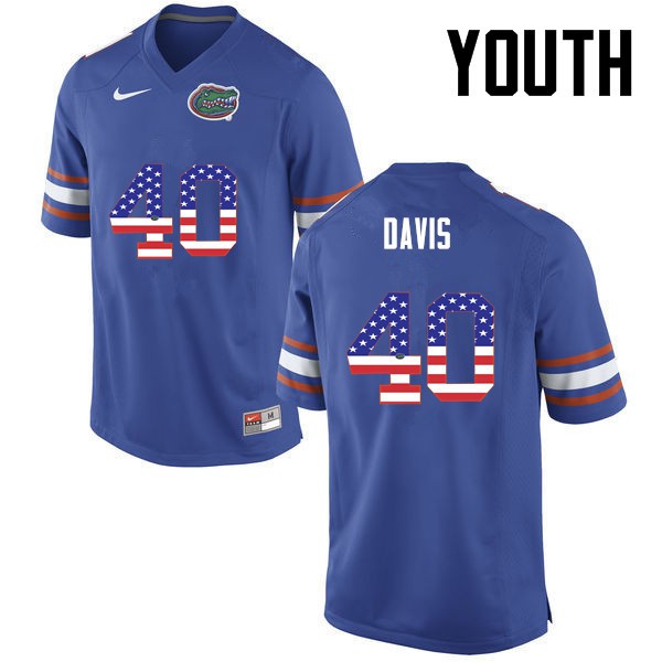 Florida Gators Youth #40 Jarrad Davis College Football USA Flag Fashion Blue
